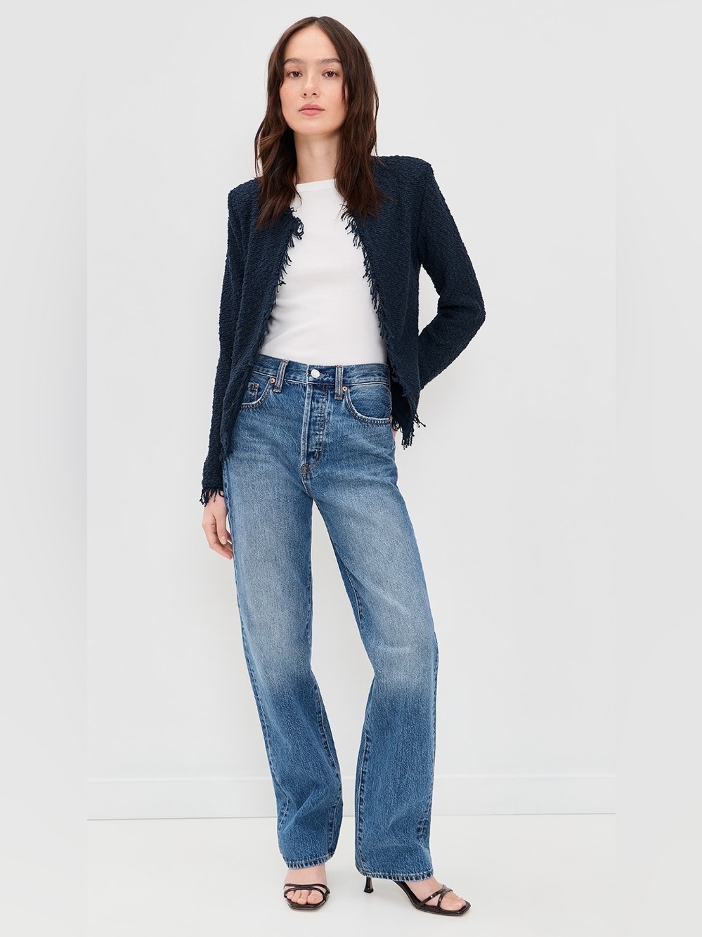 IRO Shavani Fringe-Trimmed Tweed Jacket in Navy Blue Size FR 34 / XS US 2